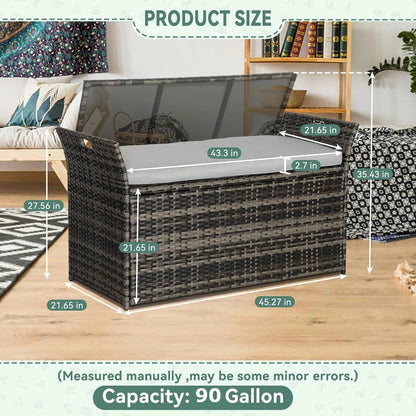 SOLAURA 90 Gallon Patio Wicker Storage Bench w/Cushion, Outdoor Rattan Deck Storage Box w/Handles & Hydraulics, Gray