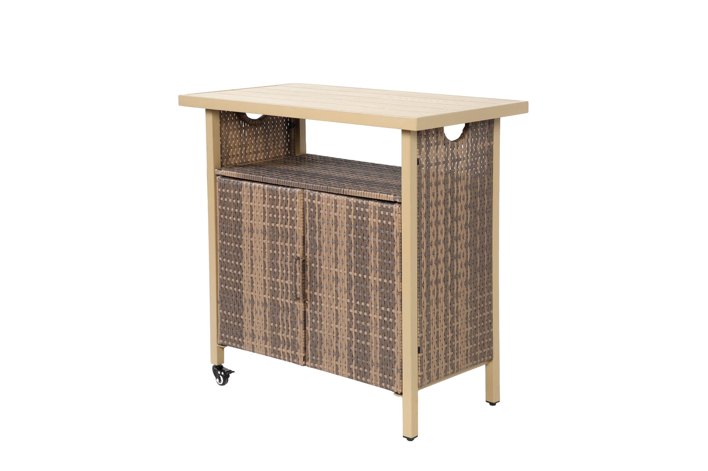 Outdoor Wicker Bar Cart with Wheels, Light Brown - Versatile Outdoor Grill & Beverage Cart for Patio, Backyard, Garden & Poolside Parties