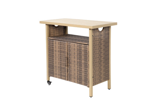 Outdoor Wicker Bar Cart with Wheels, Light Brown - Versatile Outdoor Grill & Beverage Cart for Patio, Backyard, Garden & Poolside Parties