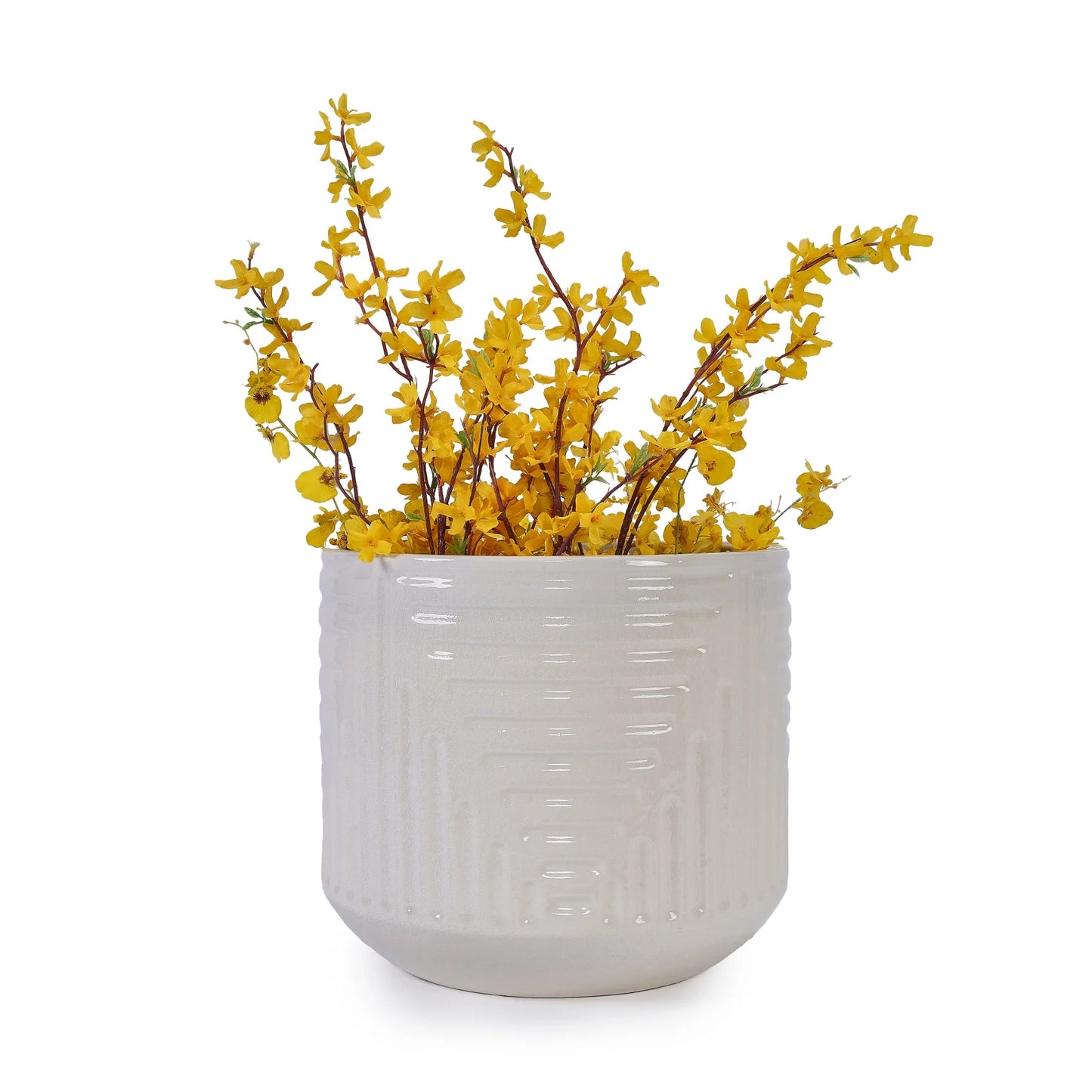 Modern Ceramic Flowerpot with Drainage Hole - Frost/Heat Resistant All-Weather Planter for Patio, Garden & Windowsill - White Glossy Finish, Ready-to-Use