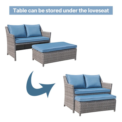Outdoor Wicker Love Seat and Coffee Table Set, Weather Resistant Grey Rattan, Patio Furniture with Gray Cushions & Storage Bin