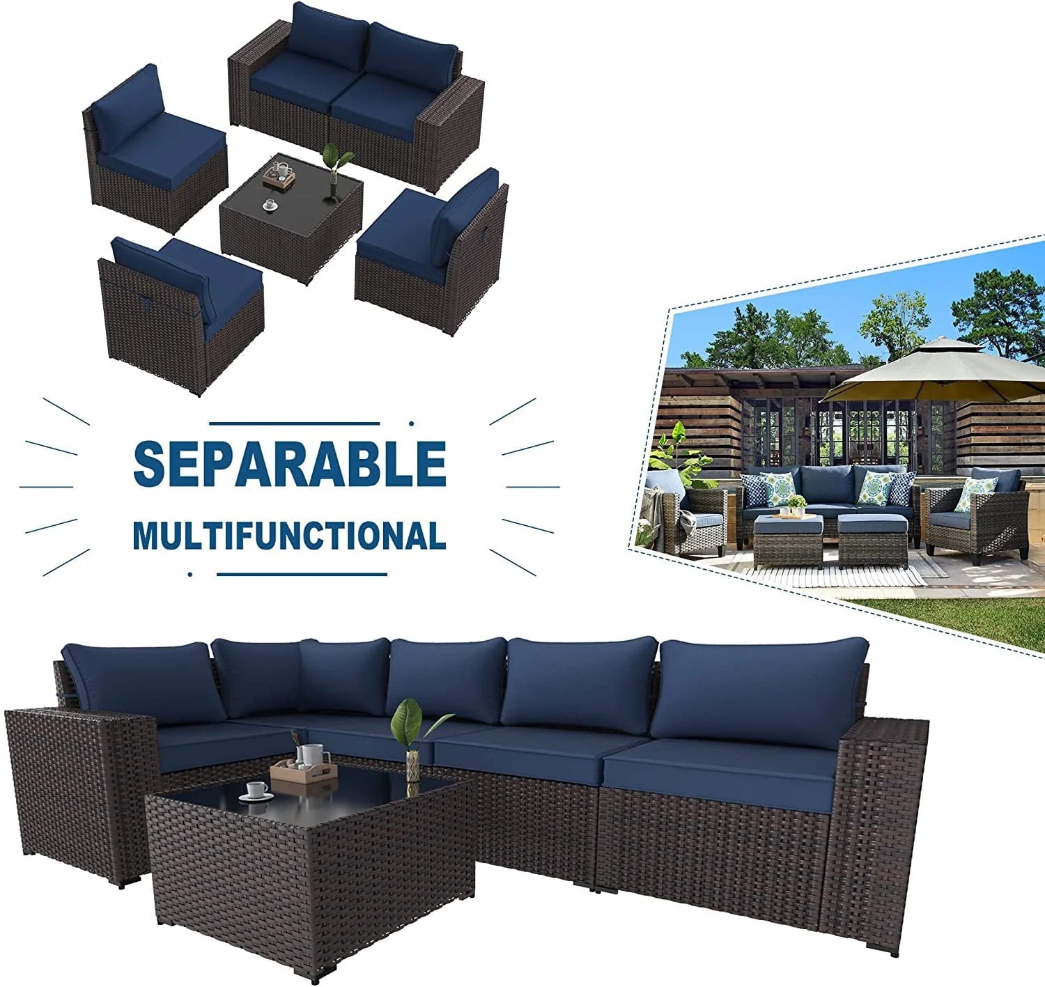 Gotland Outdoor Patio Furniture Set 6 Pieces Sectional Rattan Wicker Sofa Set Patio Conversation Set, Navy Blue