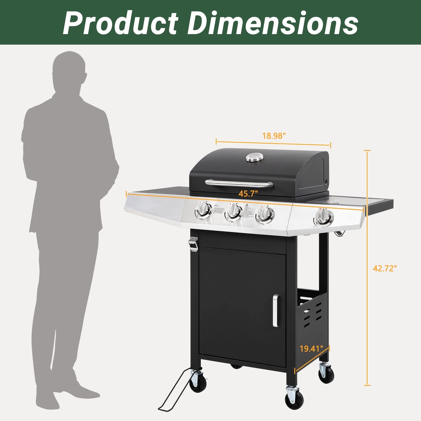 40000 BTU Propane Gas Grill, 3 Burner Barbecue Grill with Side Burner, Built-in Thermometer and 2-in-1 Side Table, Portable Stainless Steel Grill for Outdoor BBQ, Camping, Patio