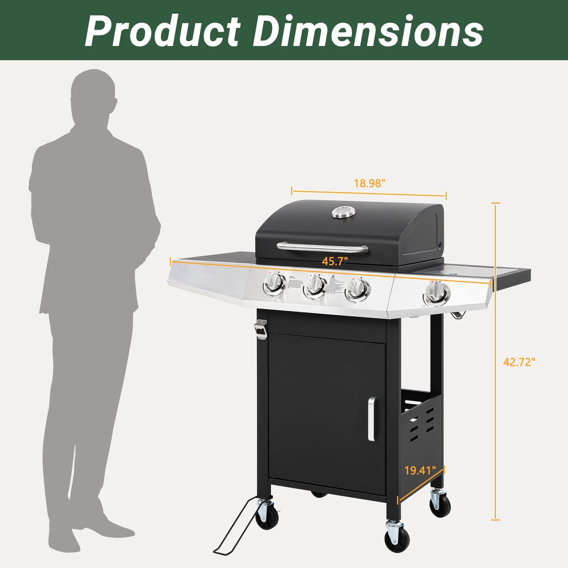 40000 BTU Propane Gas Grill, 3 Burner Barbecue Grill with Side Burner, Built-in Thermometer and 2-in-1 Side Table, Portable Stainless Steel Grill for Outdoor BBQ, Camping, Patio