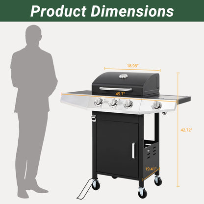 40000 BTU Propane Gas Grill, 3 Burner Barbecue Grill with Side Burner, Built-in Thermometer and 2-in-1 Side Table, Portable Stainless Steel Grill for Outdoor BBQ, Camping, Patio