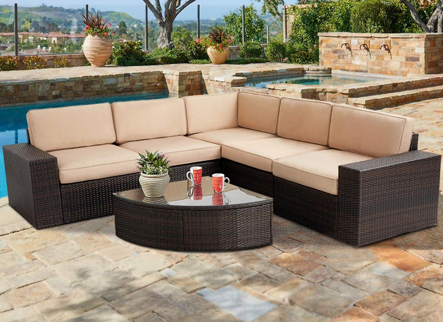SUNCROWN 6-Piece Outdoor Furniture Patio Sectional Set All-Weather Wicker Conversation Sofa, Light Brown
