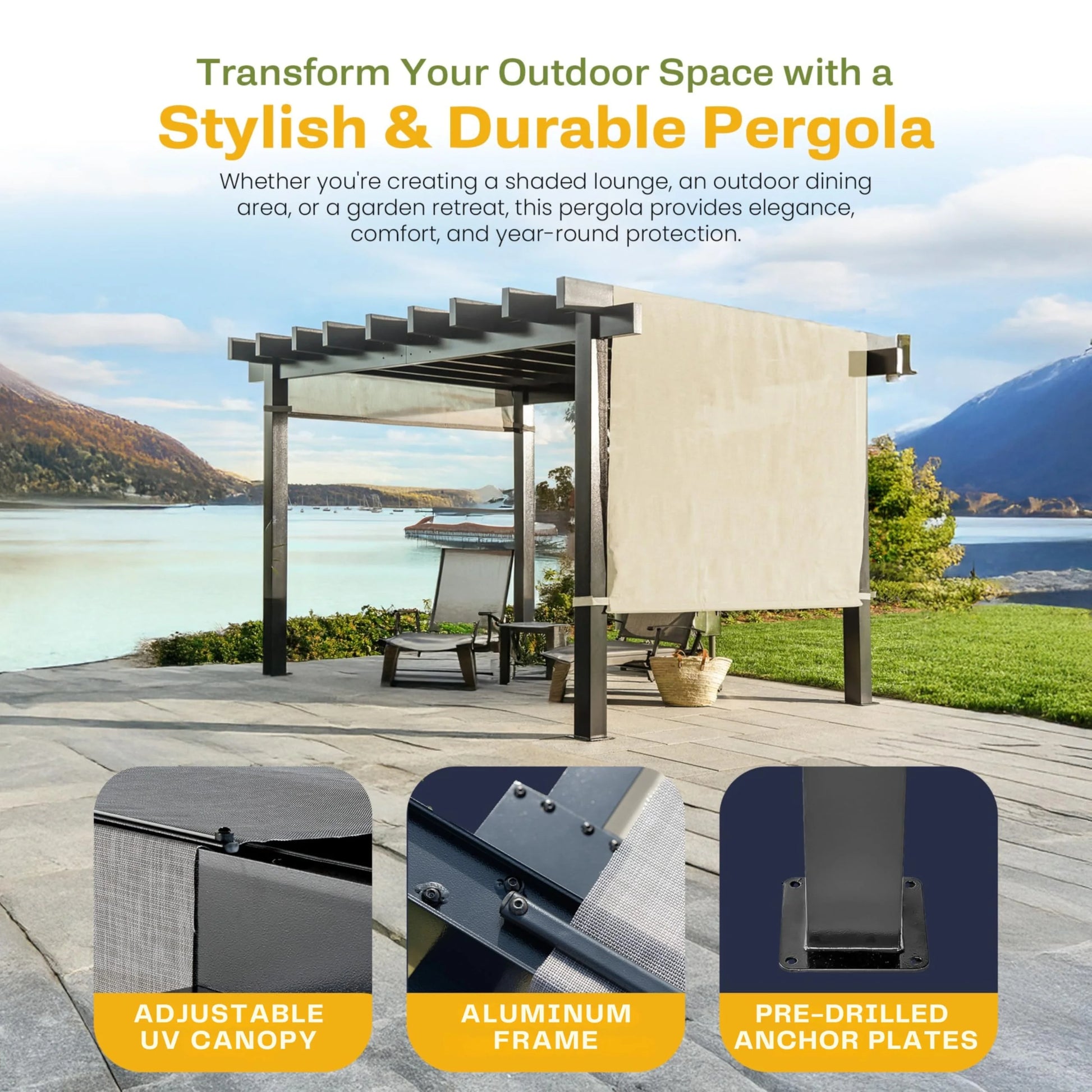 New Yard Outdoor Pergola with Adjustable Canopy, Heavy-Duty Aluminum Frame, Rustproof & Weather-Resistant, Modern Patio Shade for Gardens, Decks, and Backyard (10x16)