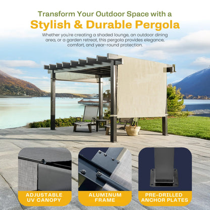 New Yard Outdoor Pergola with Adjustable Canopy, Heavy-Duty Aluminum Frame, Rustproof & Weather-Resistant, Modern Patio Shade for Gardens, Decks, and Backyard (10x16)