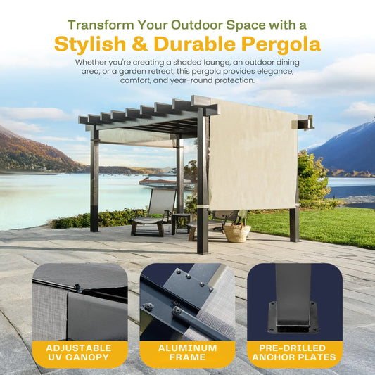 New Yard Outdoor Pergola with Adjustable Canopy, Heavy-Duty Aluminum Frame, Rustproof & Weather-Resistant, Modern Patio Shade for Gardens, Decks, and Backyard (10x16)