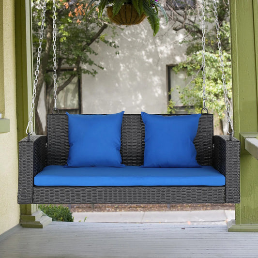 Zimtown Patio Rattn Wicker Swing, Outdoor Bench w/Blue Cushion, Outdoor Seat Garden Swing for 2 Person