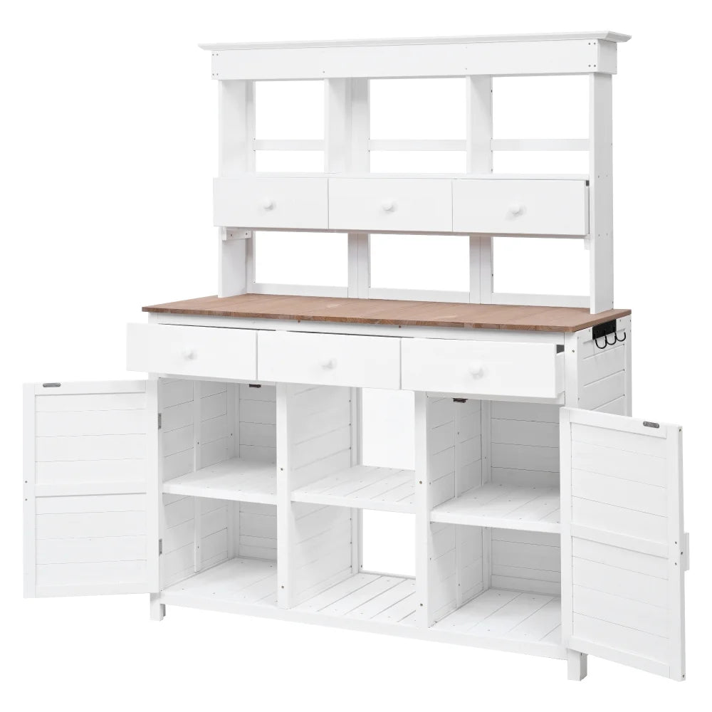 Rustic 65.7'' Tall Garden Potting Bench Table with Hutch, 3 Shelves, 6 Drawers, 2 Cabinets & 3 Side Hooks for Mudroom, Patio, 3 Color