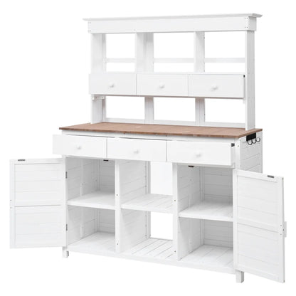 Rustic 65.7'' Tall Garden Potting Bench Table with Hutch, 3 Shelves, 6 Drawers, 2 Cabinets & 3 Side Hooks for Mudroom, Patio, 3 Color