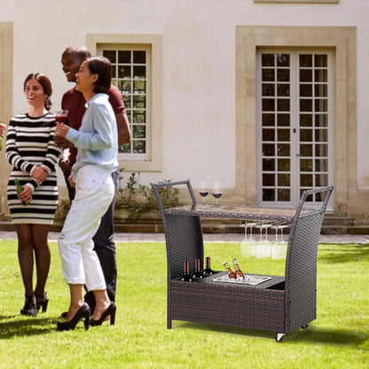FHFO Outdoor Patio Wicker Bar, Rattan Counter Table with 2 Storage Shelves, 2 Steel Shelves for Backyard, Poolside, Garden