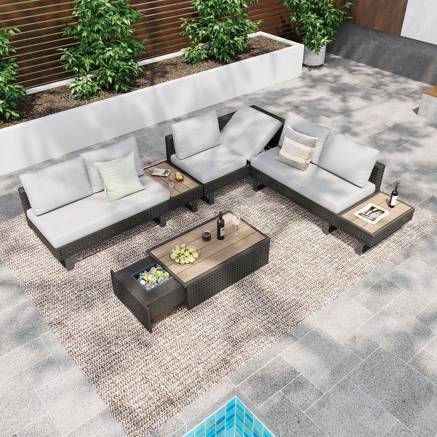 6-Piece Outdoor Sectional Furniture Set for Patio, Expandable Coffee Table w/Ice Bucket & Collapsible Seat, Deep Cushions - Khaki