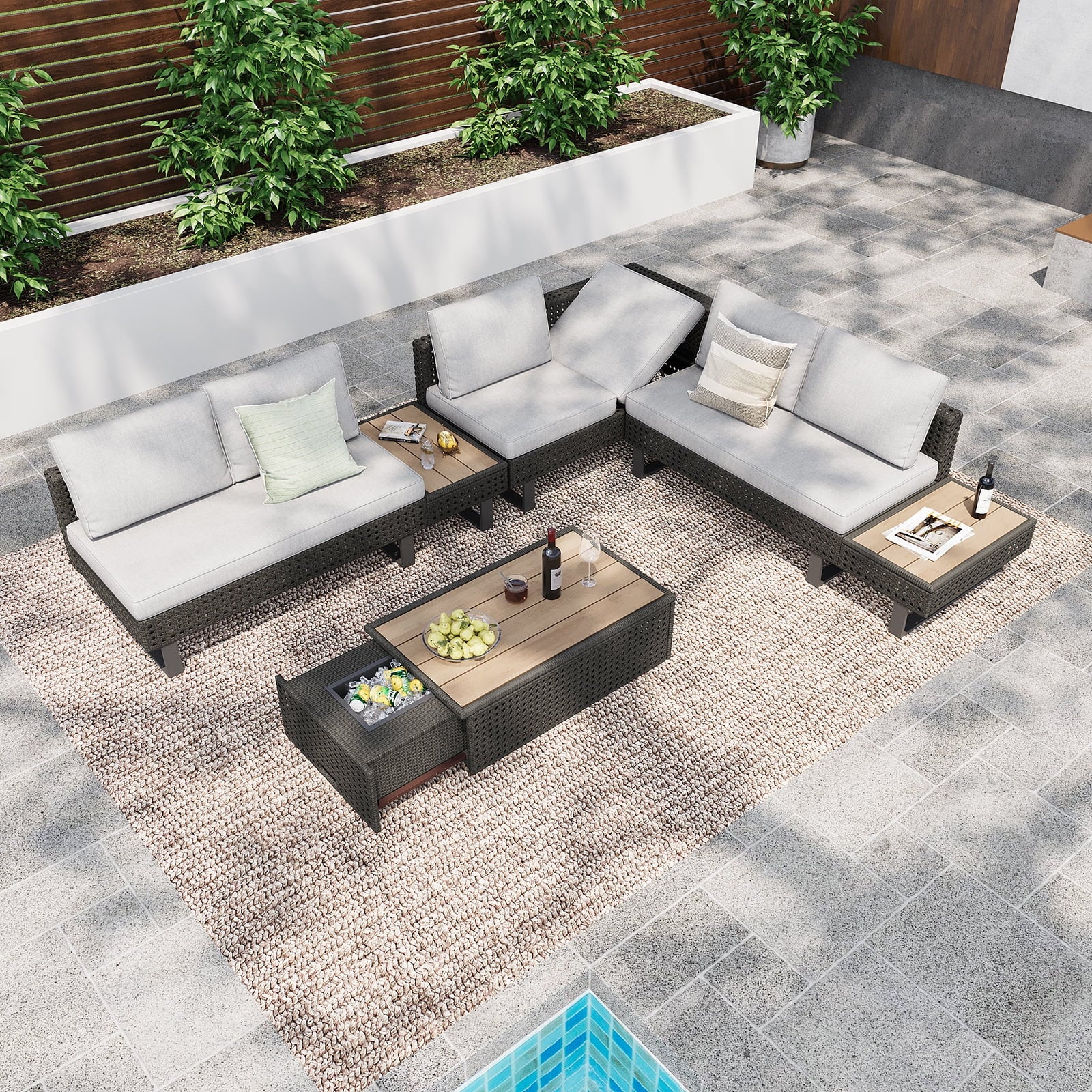6-Piece Outdoor Sectional Furniture Set for Patio, Expandable Coffee Table w/Ice Bucket & Collapsible Seat, Deep Cushions - Khaki