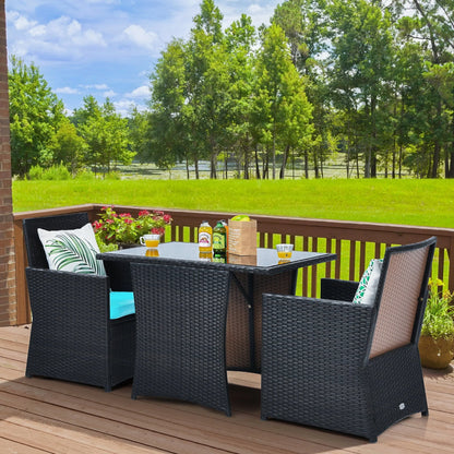 Gymax 3PCS Patio Wicker Bistro Set PE Rattan Dining Table Set w/Turquoise Cushions