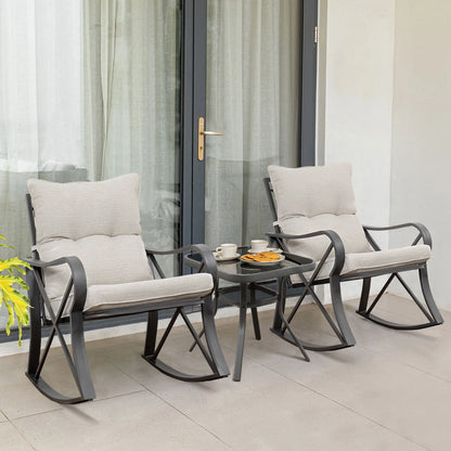 COSIEST 3 Piece Rocking Chair Bistro Set, Patio Outdoor Furniture w Cushions, Glass-Top Table