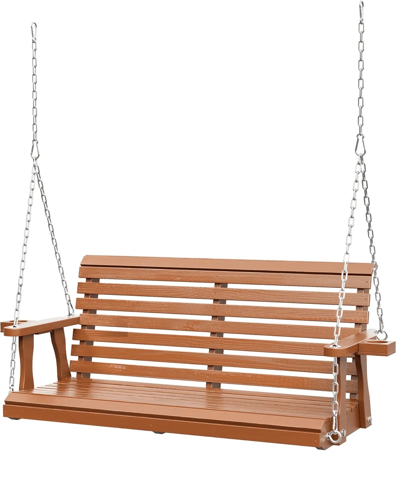 SOLAURA 2 Seat Outdoor Wooden Porch Swing with Cup Holders, Hanging Patio Swing with Hanging Chains, Swing Bench Chair for Backyard Garden Balcony, 440lbs Weight Capacity, Brown