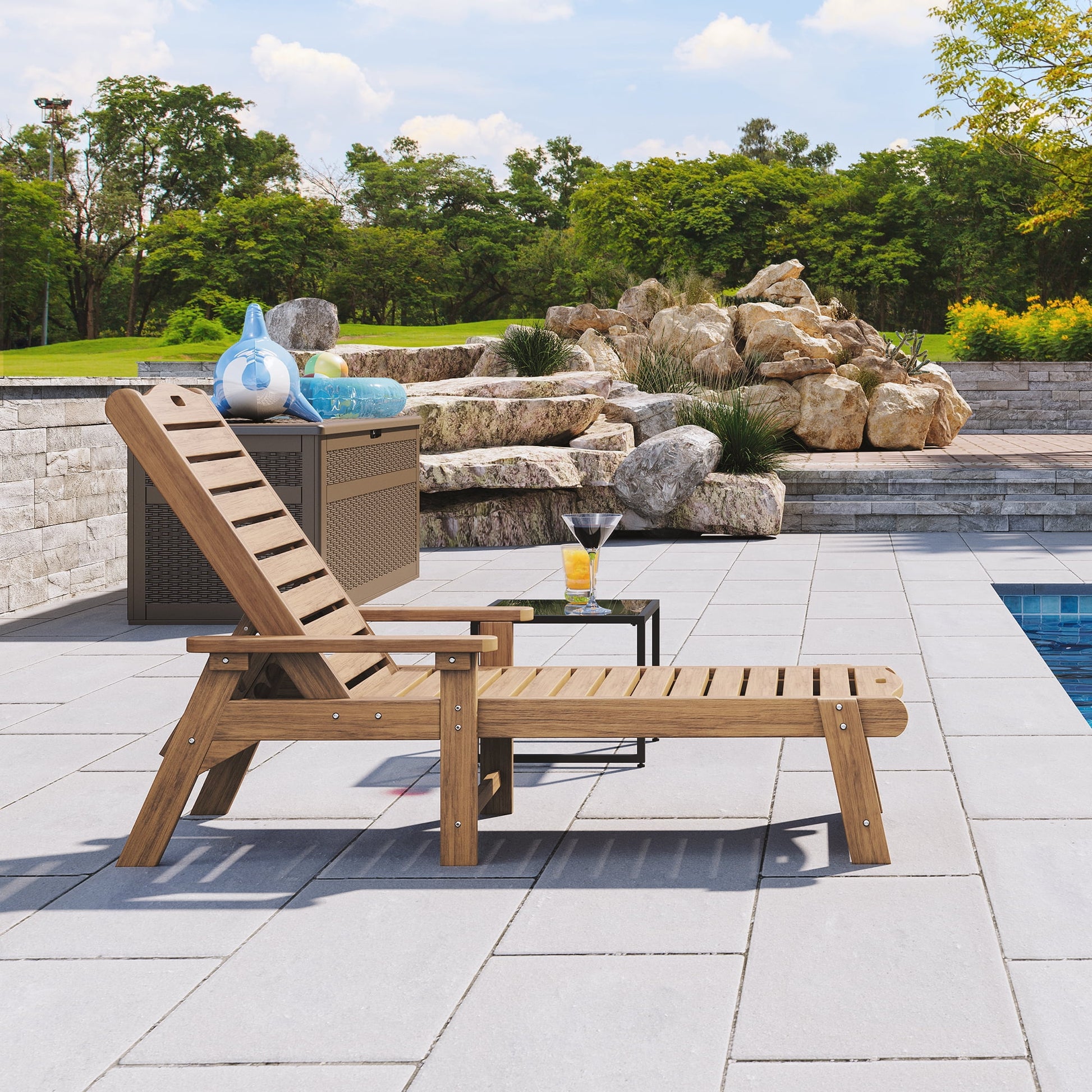 Dextrus Outdoor Chaise Lounge Chair with Wide Armrest and Adjustable Backrest, Waterproof Resin Patio Lounger with 350lbs Capacity