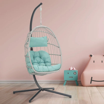 Hanging Egg Chair with Steel Stand and Fluffy Cushion, Lounge Wicker Iron Swing Chairs for Indoor Outdoor Patio Garden