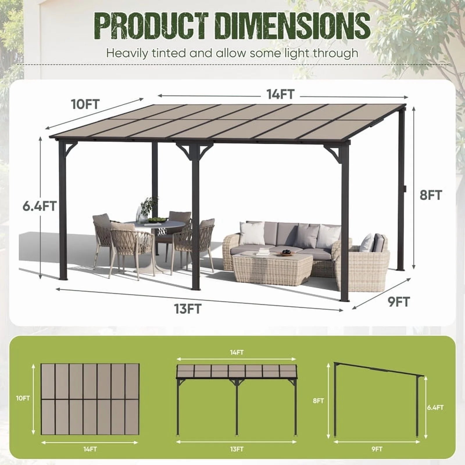 Homall 10 x 14 FT Outdoor Gazebo Wall Mounted Lean to Gazebo Pergola with Polycarbonate Roof Heavy Duty Metal Patio Awnings with Aluminum Frame for Patio, Backyard, Deck