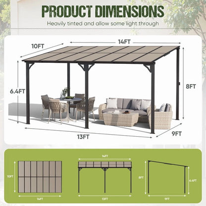 Homall 10 x 14 FT Outdoor Gazebo Wall Mounted Lean to Gazebo Pergola with Polycarbonate Roof Heavy Duty Metal Patio Awnings with Aluminum Frame for Patio, Backyard, Deck