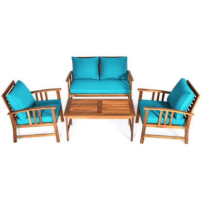 4 PCS Wooden Patio Furniture Set Outdoor Seating Chat Set Grey