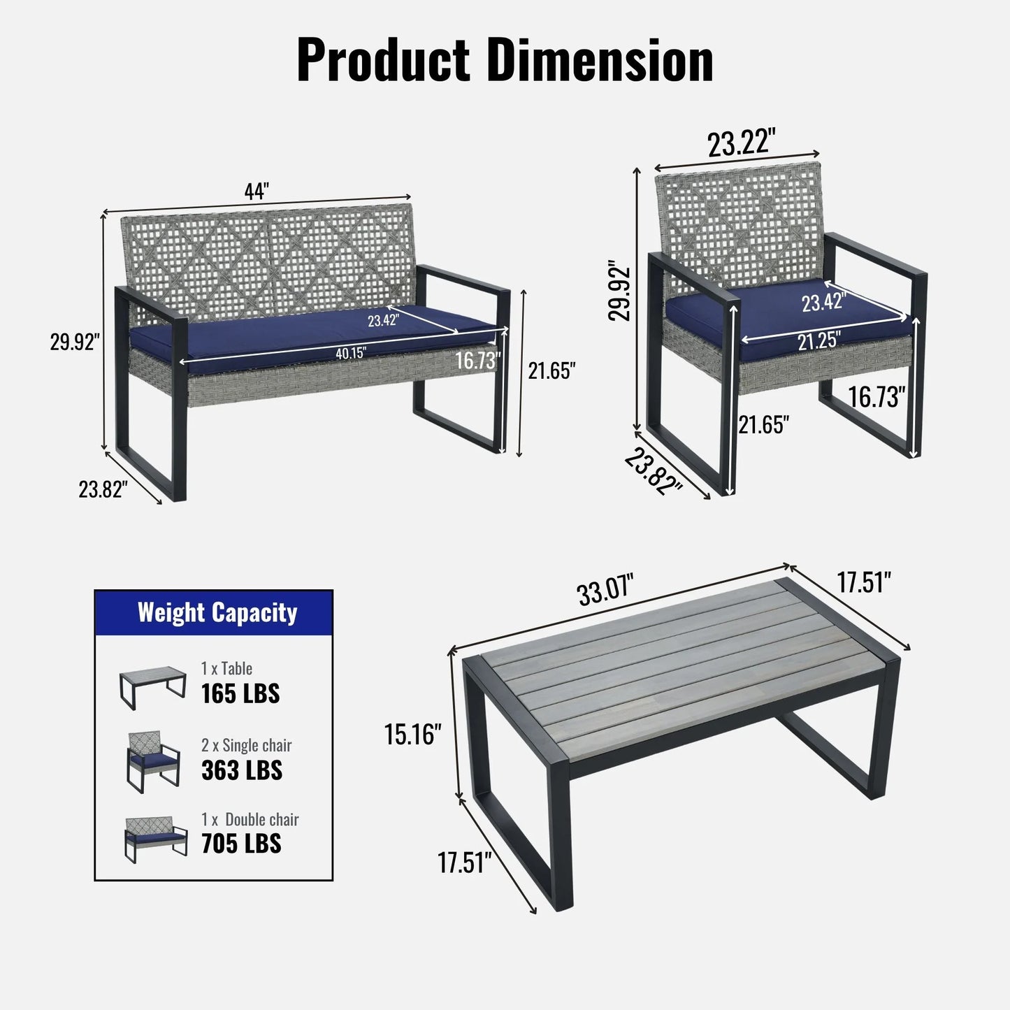 Enyopro 4-Piece Patio Furniture Set, with 2 Arm Chairs, Love Seat & Tempered Glass Coffee Table, Rattan Outdoor Conversation Chair Sets for Patio Porch Deck Balcony, Gray