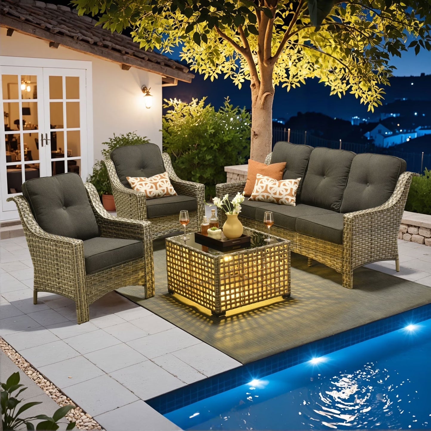 Ovios 6 Pieces Outdoor Furniture Set High Back All-Weather Wicker Patio Conversation Set with Ottomans & Solar Light Coffee Table, Diamond Blue