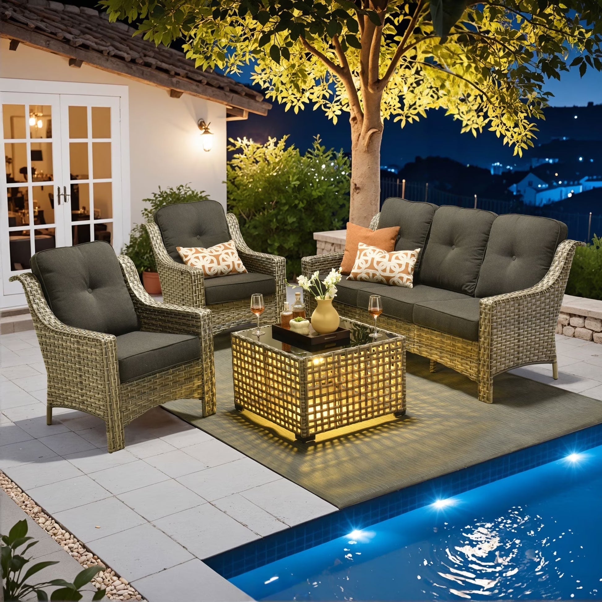 Ovios 6 Pieces Outdoor Furniture Set High Back All-Weather Wicker Patio Conversation Set with Ottomans & Solar Light Coffee Table, Diamond Blue