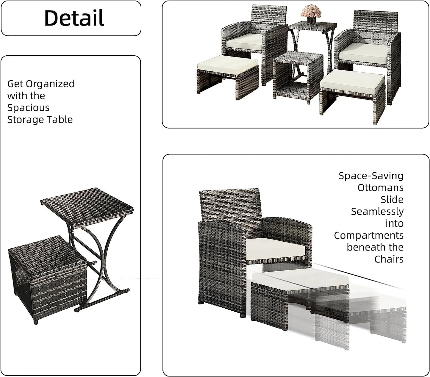 6 Piece Patio Furniture Conversation Set with Ottoman, Outdoor Black& Grey Wicker Chair and Table Set with Beige Cushion, Balcony Furniture for Apartments. (Black)