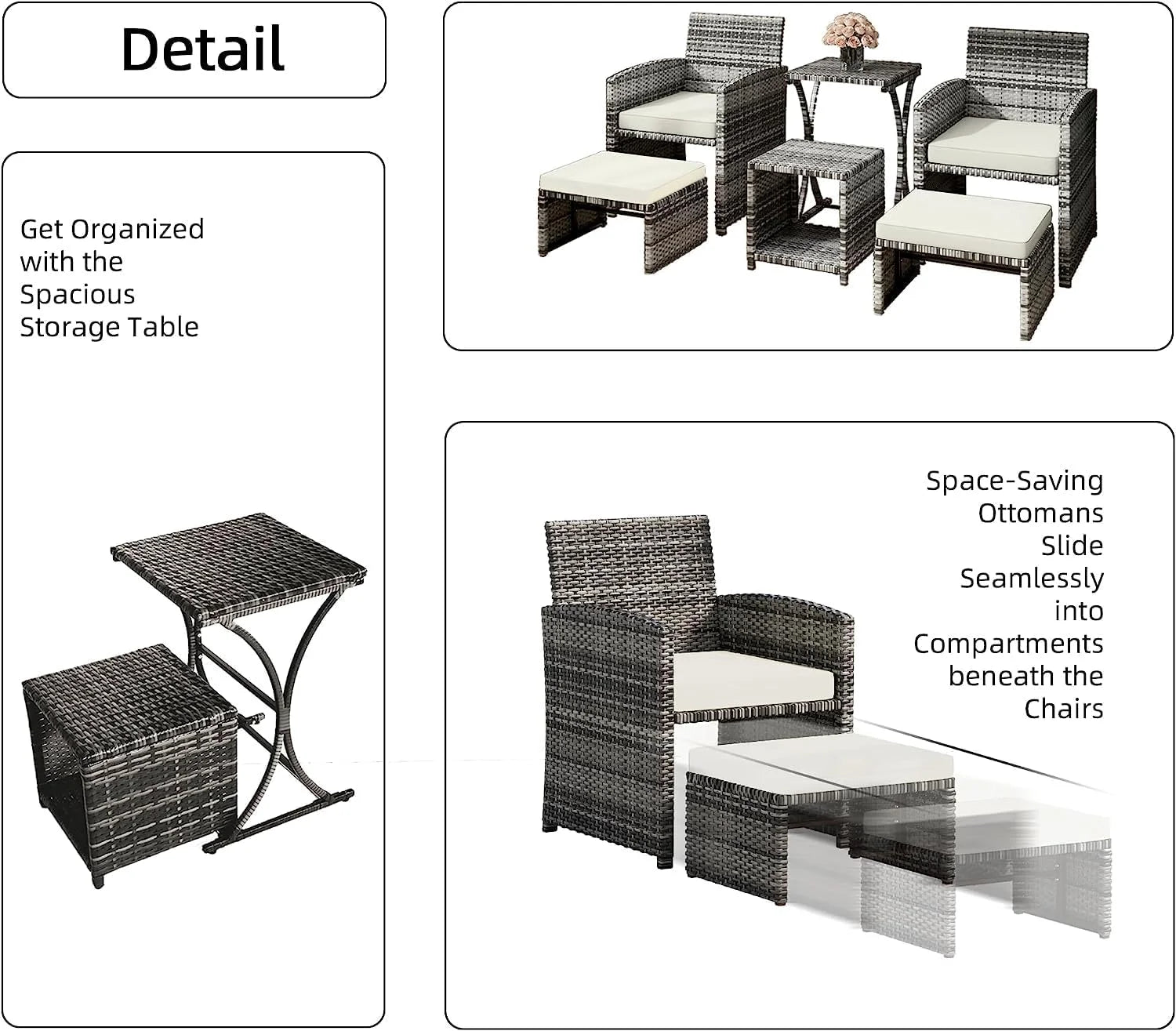 6 Piece Patio Furniture Conversation Set with Ottoman, Outdoor Black& Grey Wicker Chair and Table Set with Beige Cushion, Balcony Furniture for Apartments. (Black)