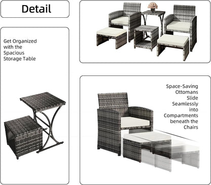 6 Piece Patio Furniture Conversation Set with Ottoman, Outdoor Black& Grey Wicker Chair and Table Set with Beige Cushion, Balcony Furniture for Apartments. (Black)
