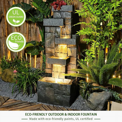 44.5 Inches Modern Fountain 4 Tired Floor Standing Outdoor Fountain with Lights Pump for Garden Patio Backyard Porch Home Art Decor