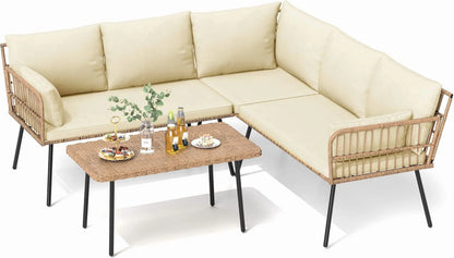 XH Patio Furniture Set, 4 Pieces Outdoor Patio Conversation Set, All-Weather PE Rattan Sectional L-Shaped Sofa with Soft Cushion and Side Table for Backyard, Porch, Boho Detachable Lounger (Beige)