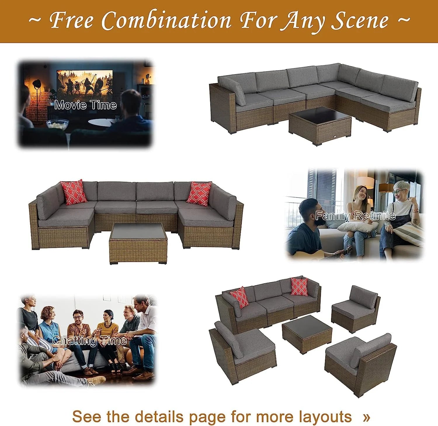 Kinbor 7pcs Outdoor Patio Furniture Set Pe Wicker Rattan Sofa Set Conversation Chair Sofa Gray