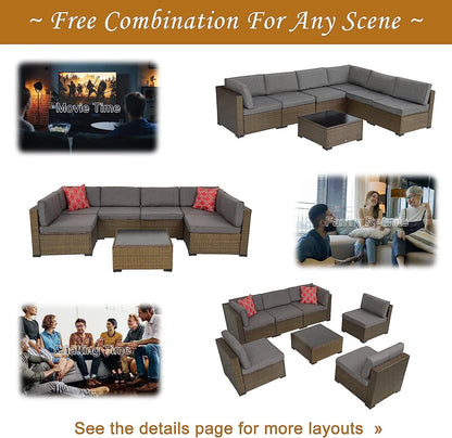 Kinbor 7pcs Outdoor Patio Furniture Set Pe Wicker Rattan Sofa Set Conversation Chair Sofa Gray
