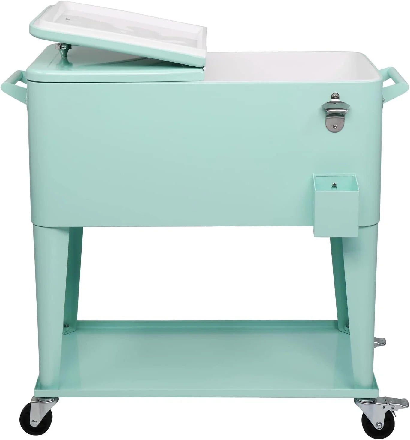 80 Quart Rolling Ice Chest, Portable Bar Drink Cooler with Catch Basin, Bottom Storage Tray and Bottle Opener for Patio Party BBQ Beach Activities