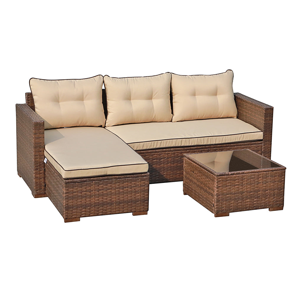 3 Piece Patio Furniture Sets, Outdoor All-Weather Wicker Sectional Sofa Set, Beige