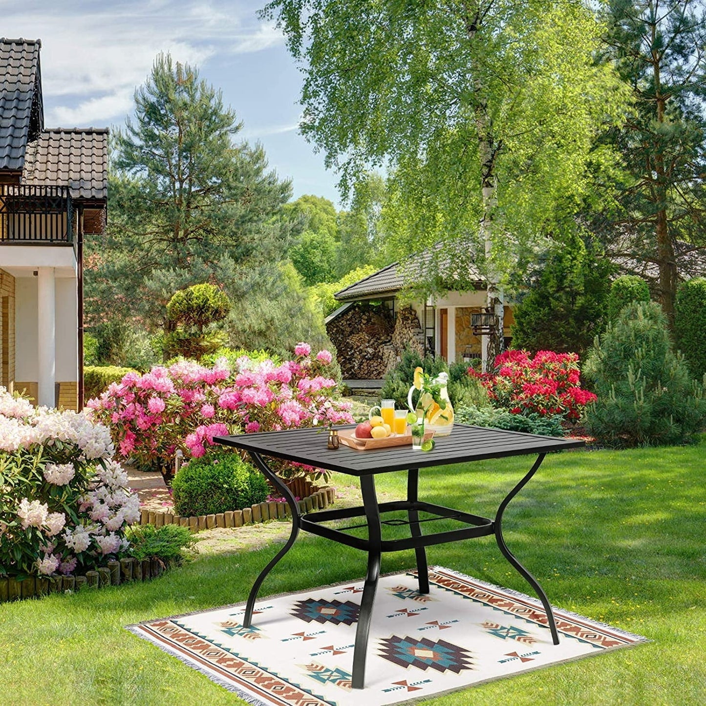 SUNCROWN 37" 4 Seat Outdoor Dining Table Patio Metal Square Bistro Balcony Table with 1.57" Umbrella Hole, Black
