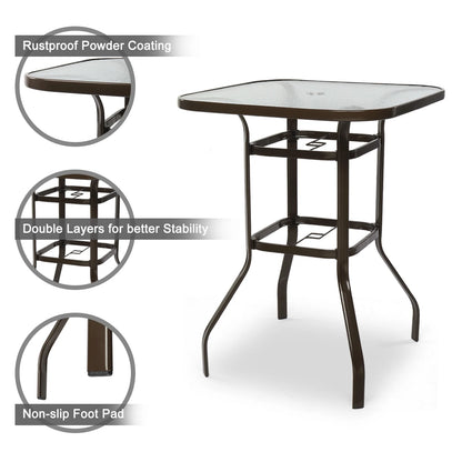 Ktaxon 31 Inch Patio Bar Table, Square Outdoor Bar Height Bistro Table with Tempered Glass Tabletop & Umbrella Hole, Outdoor Cocktail Table for Patio Yard Poolside, Brown