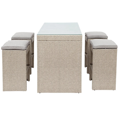 5-piece Patio Table Set Outdoor Furniture, Rattan Bar Dining Table and Chairs Set, Grass Top Table & 4 Cushioned Stools Bistro Set for Backyard Porch Poolside Indoor Use, Brown