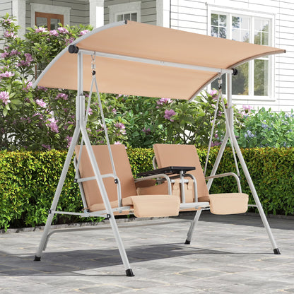 HOMREST Patio Swing with Adjustable CanopyHeavy Duty 650 LBS Outdoor Swing with Pivot Storage Table & 4 Cup Holders & Cushions for Yard, Lawn, Backyard, Navy Blue
