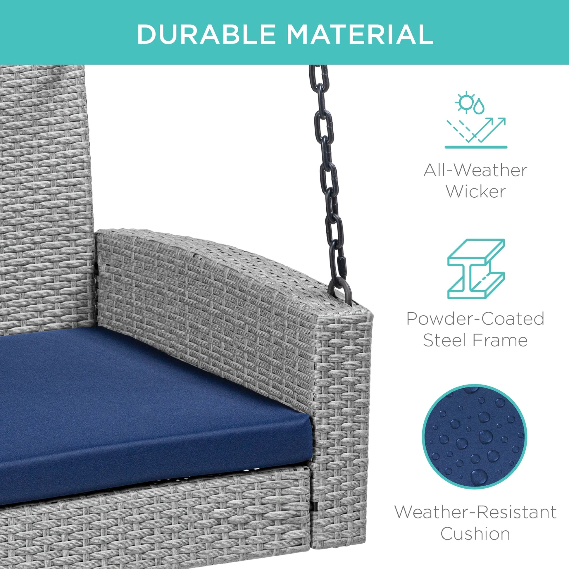 Best Choice Products Woven Wicker Hanging Porch Swing Bench for Patio, Deck w/Mounting Chains, Seat Cushion - Gray/Navy