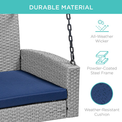 Best Choice Products Woven Wicker Hanging Porch Swing Bench for Patio, Deck w/Mounting Chains, Seat Cushion - Gray/Navy