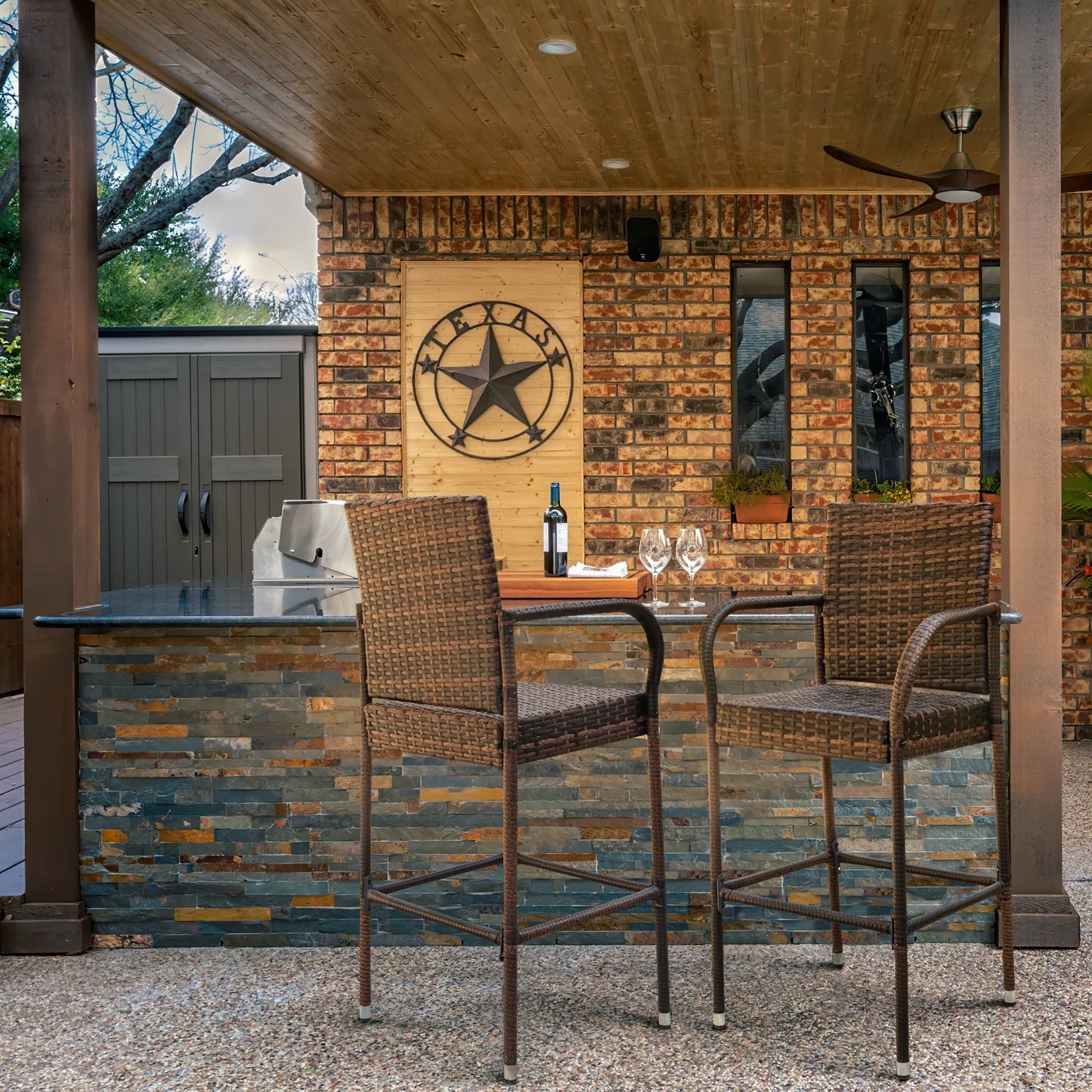 Lacoo Outdoor Wicker Bar Stool with Footrest Patio Rattan and Steel Frame Barstools Set of 2, Brown