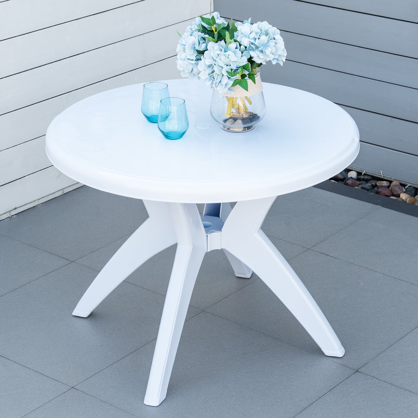 SKTPI Outdoor Plastic Dining Table w/Umbrella Hole, Outdoor End Table, Patio Coffee Bistro Table for Indoor, Garden, Porch, Balcony, White