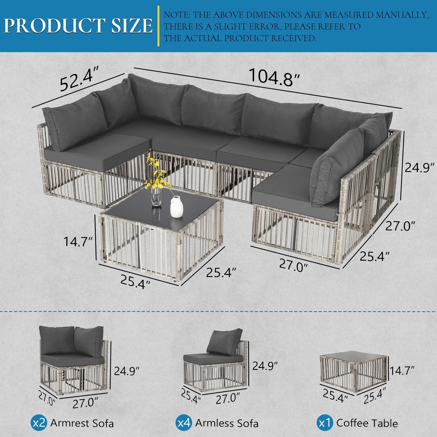 7 Pieces Outdoor Patio Furniture Set, Wicker Outdoor Sectional Conversation Couch Set with Adjustable Backrest Sofa, Cushions & Coffee Table for Outside,Garden,Deck,Gray Wicker/Gray Cushions