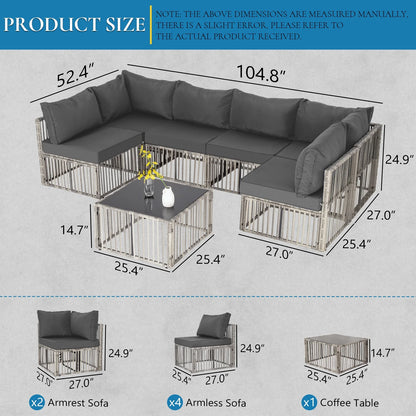7 Pieces Outdoor Patio Furniture Set, Wicker Outdoor Sectional Conversation Couch Set with Adjustable Backrest Sofa, Cushions & Coffee Table for Outside,Garden,Deck,Gray Wicker/Gray Cushions