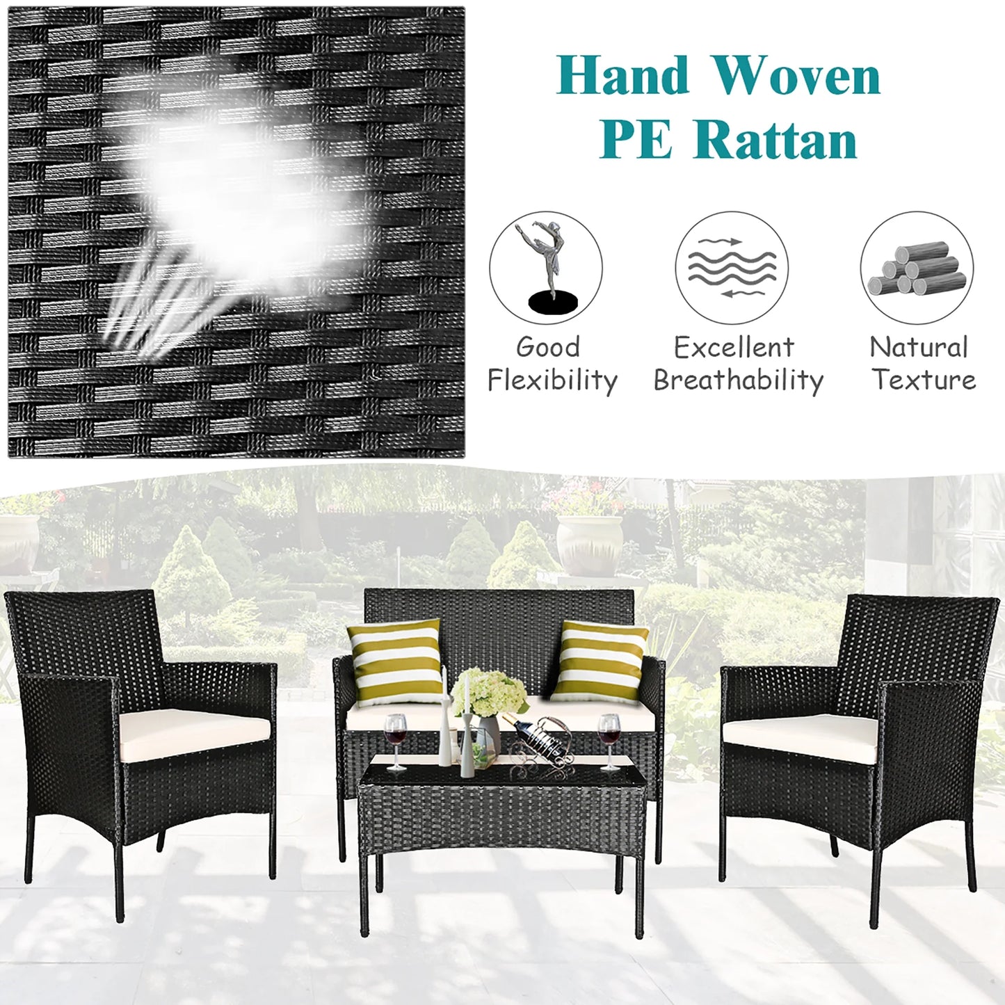 Costway 4PCS Patio Furniture Set Rattan Wicker Conversation Set Outdoor